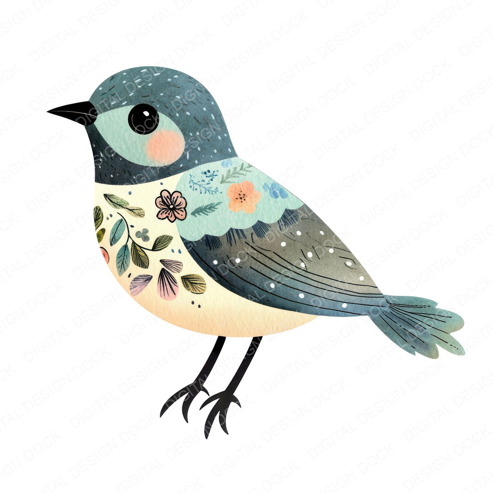 Mint Floral Bird fussy cut sheet in A4 format showing all 12 designs on one printable page