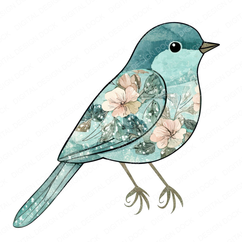 Mint Floral Bird fussy cut sheet in US Letter format showing all 12 designs on one printable page