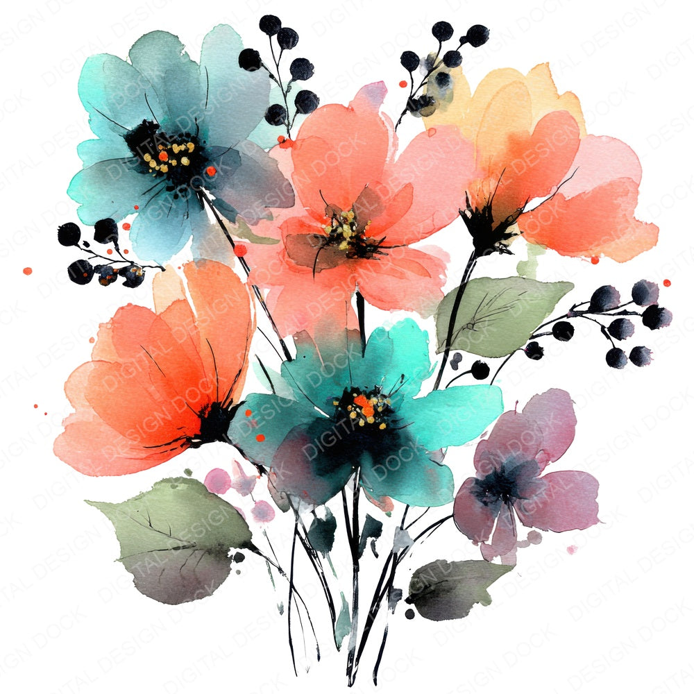 Modern Abstract Wildflower Bouquet fussy cut sheet in US Letter format showing all 12 designs on one printable page