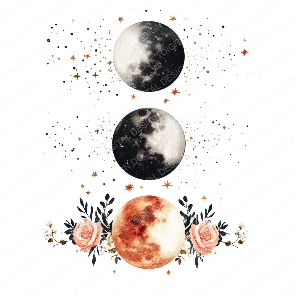 Moon Phases with Flowers fussy cut sheet in A4 format showing all 12 designs on one printable page