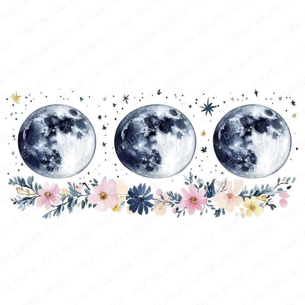 Moon Phases with Flowers fussy cut sheet in US Letter format showing all 12 designs on one printable page