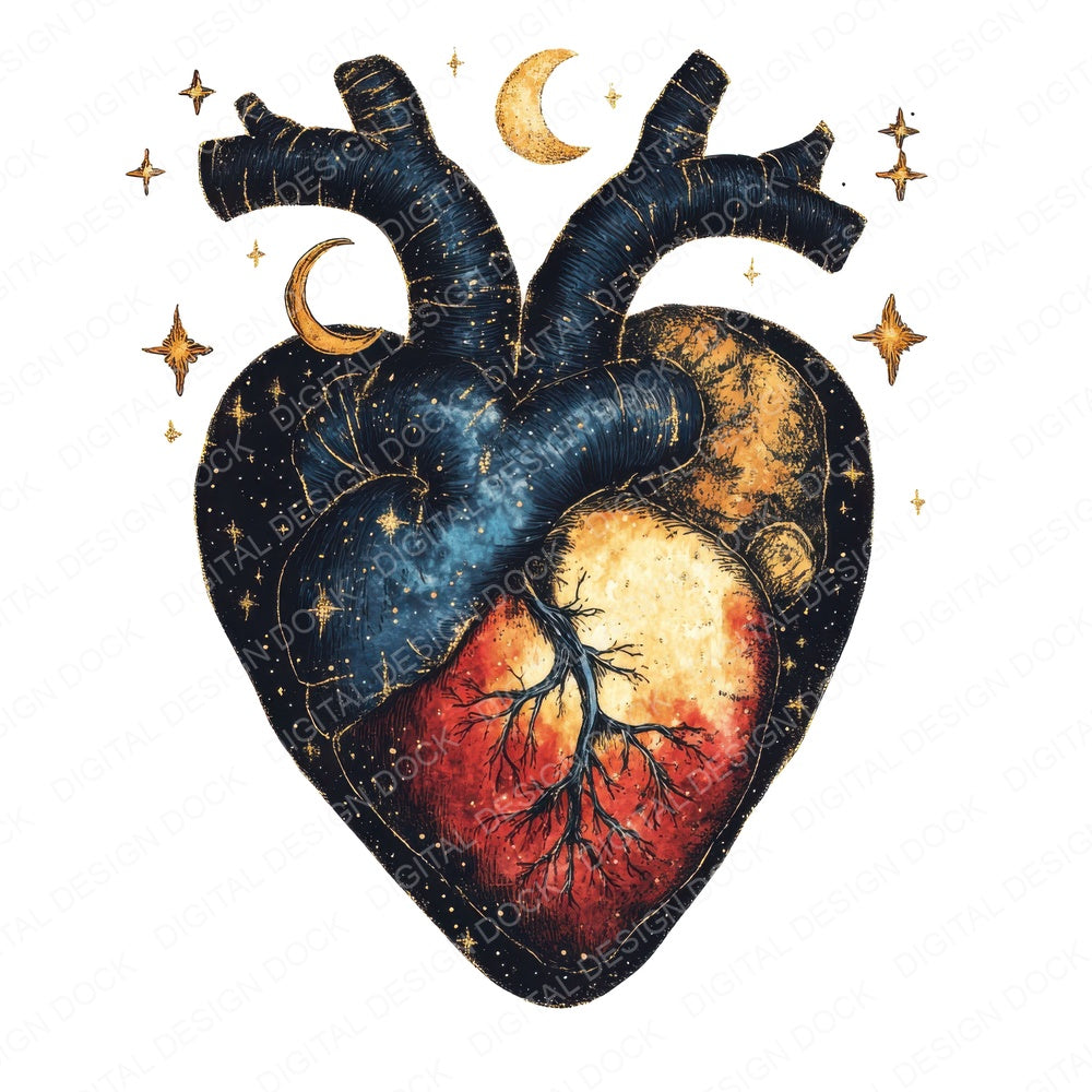 Moon and Stars Heart fussy cut sheet in US Letter format showing all 12 designs on one printable page