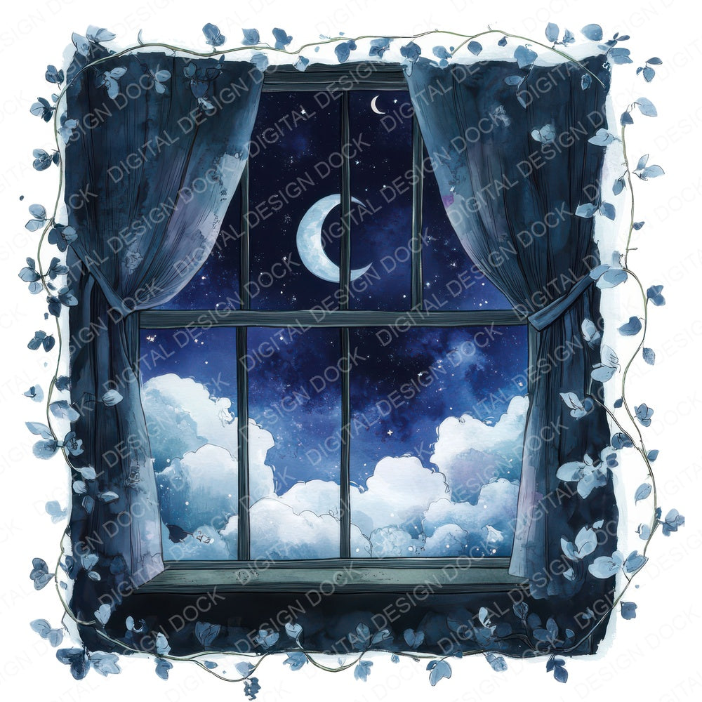 Moonlit Window with Vines fussy cut sheet in A4 format showing all 12 designs on one printable page