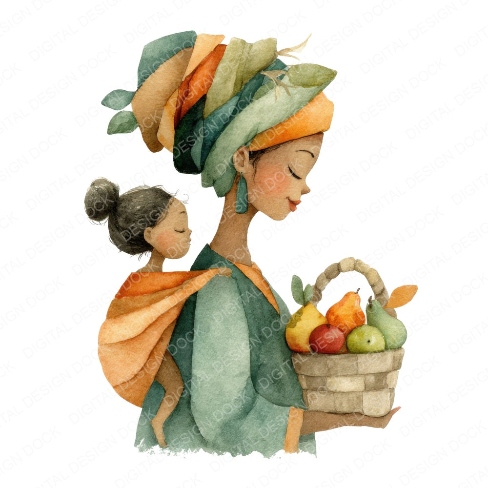 Mother Carrying Child and Basket fussy cut sheet in A4 format showing all 12 designs on one printable page