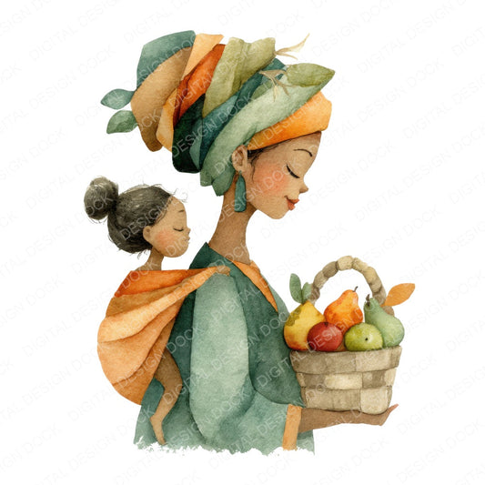 Mother Carrying Child and Basket fussy cut sheet in A4 format showing all 12 designs on one printable page
