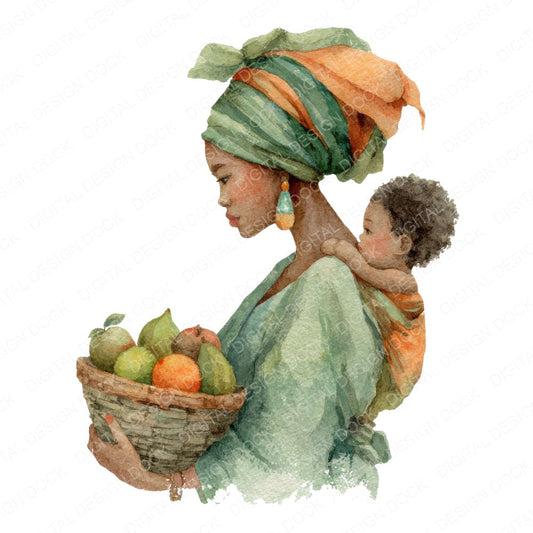 Mother Carrying Child and Basket fussy cut sheet in US Letter format showing all 12 designs on one printable page