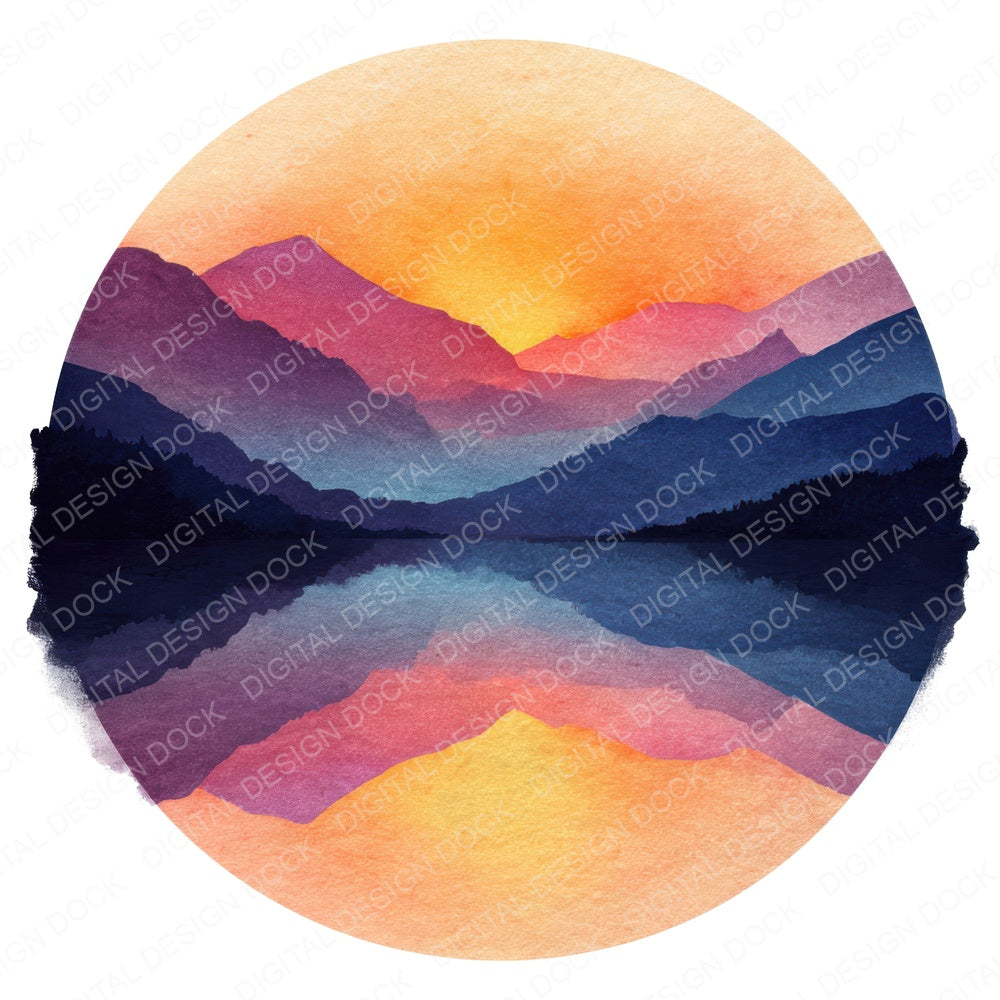 Mountain Lake Sunset Scene fussy cut sheet in US Letter format showing all 12 designs on one printable page