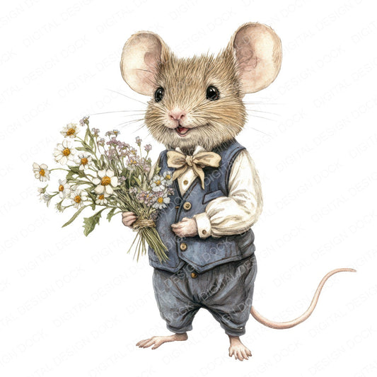 Mouse Holding Flowers fussy cut sheet in A4 format showing all 12 designs on one printable page
