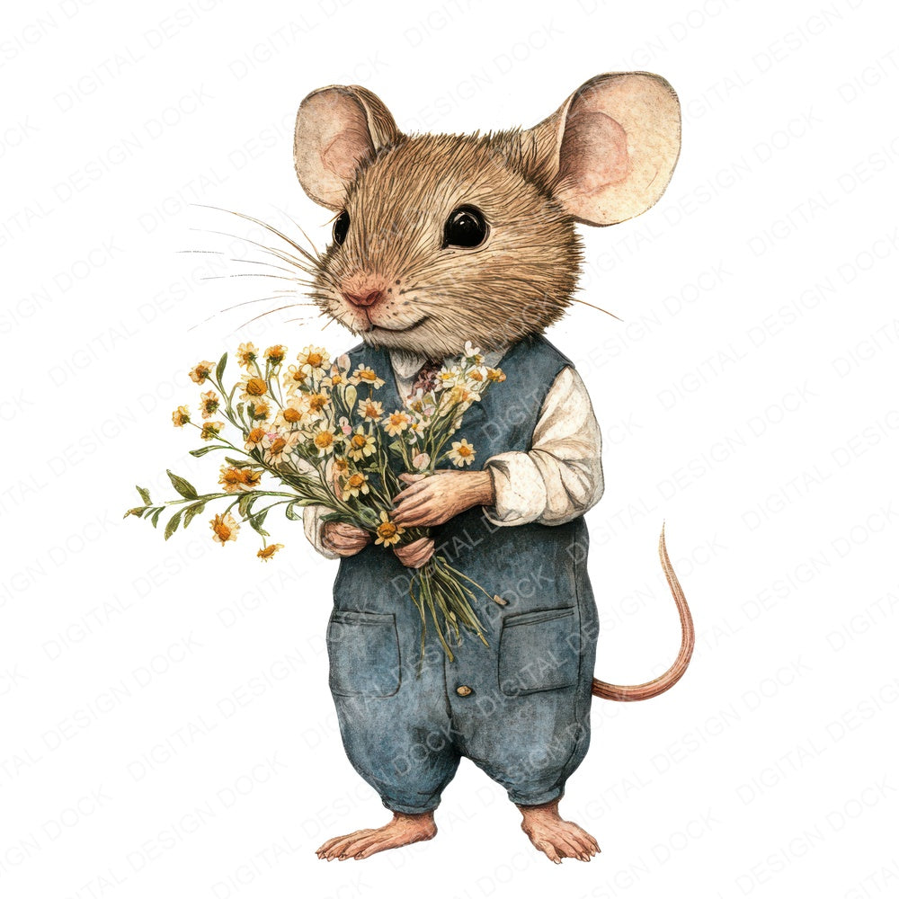 Mouse Holding Flowers fussy cut sheet in US Letter format showing all 12 designs on one printable page