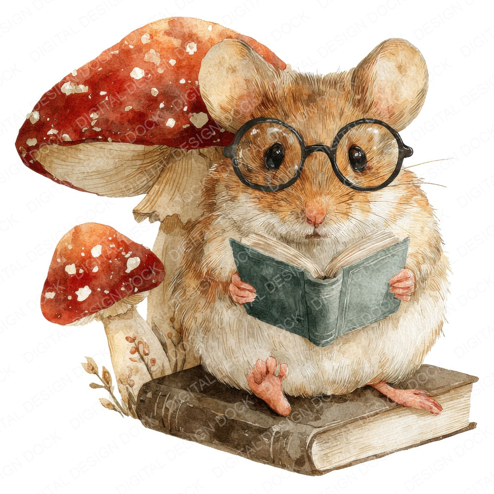 Mouse Reading Under Mushroom fussy cut sheet in A4 format showing all 12 designs on one printable page