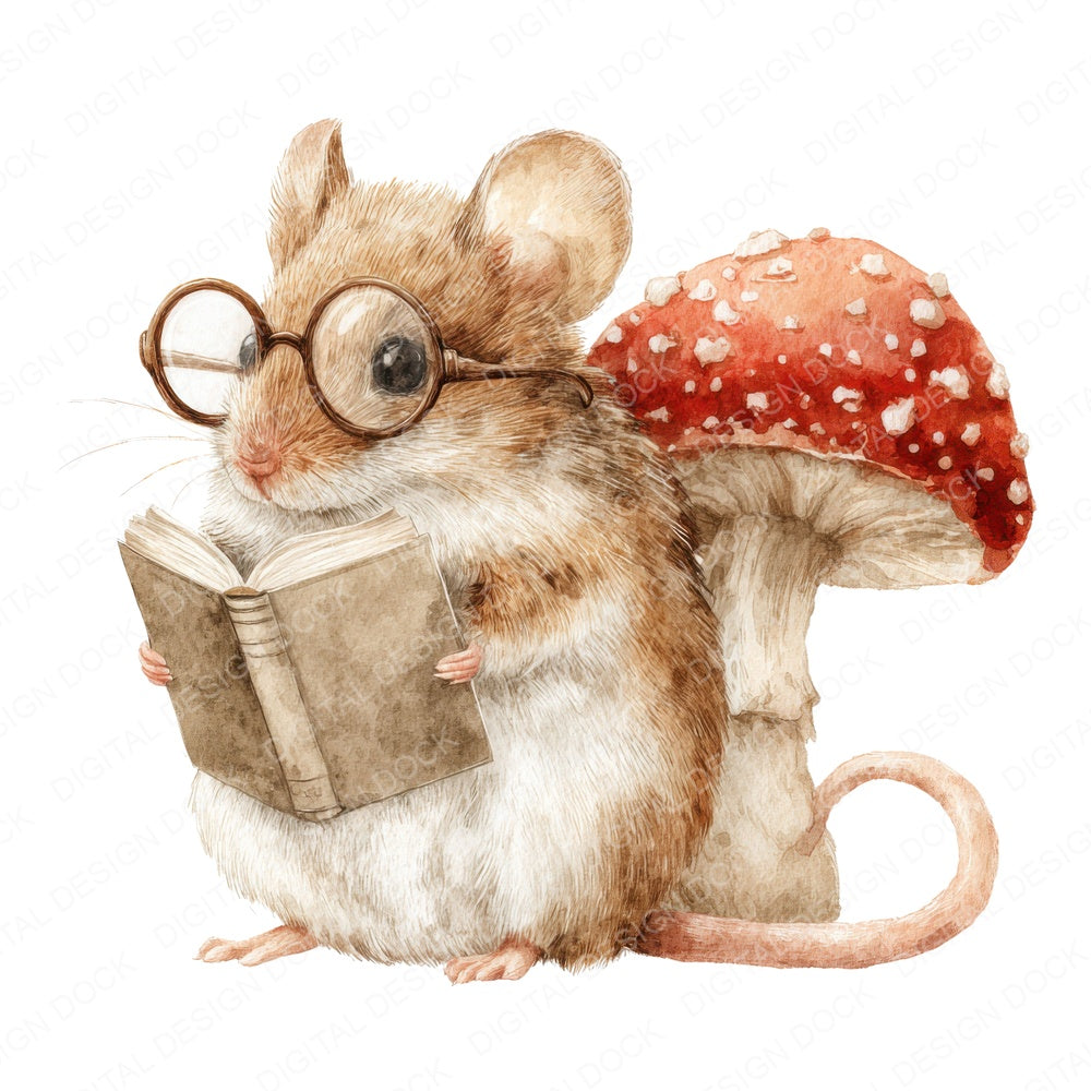 Mouse Reading Under Mushroom fussy cut sheet in US Letter format showing all 12 designs on one printable page