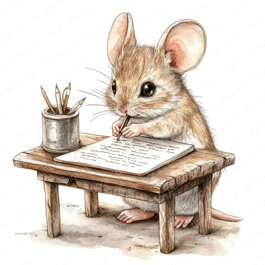 Mouse Writing at Desk fussy cut sheet in A4 format showing all 12 designs on one printable page
