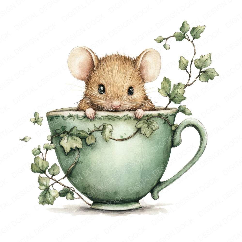 Mouse in Ivy Teacup fussy cut sheet in A4 format showing all 12 designs on one printable page