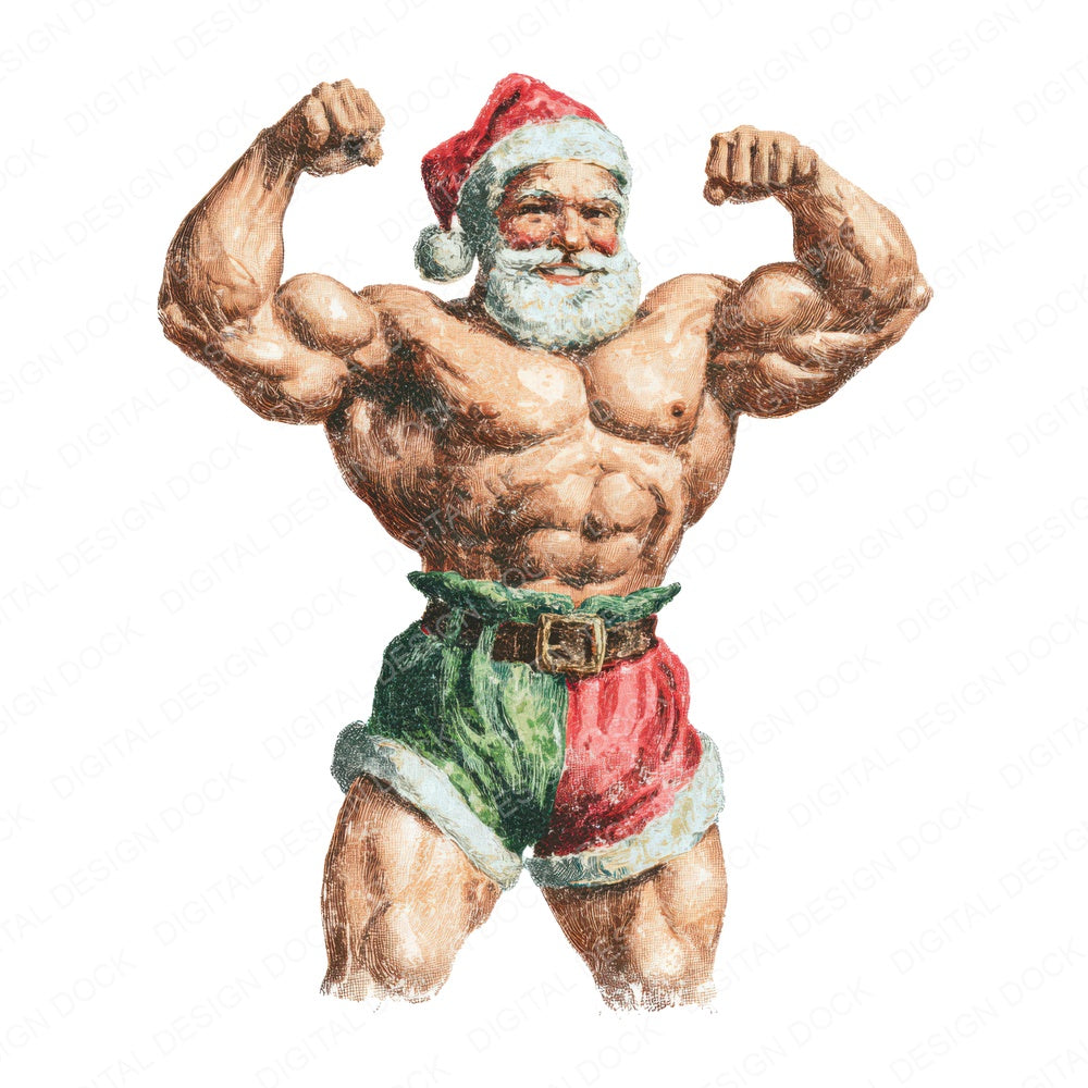 Muscle Man Father Christmas fussy cut sheet in A4 format showing all 12 designs on one printable page