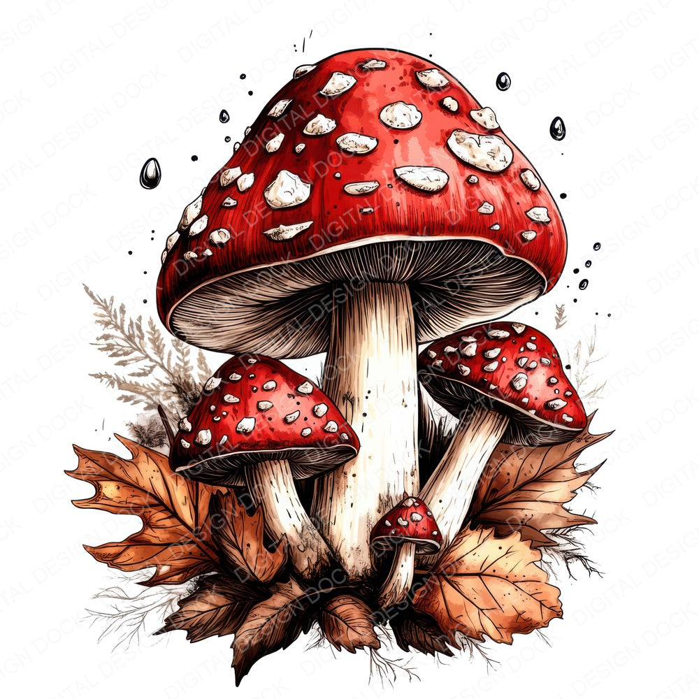 Mushroom Cluster with Leaves fussy cut sheet in A4 format showing all 12 designs on one printable page