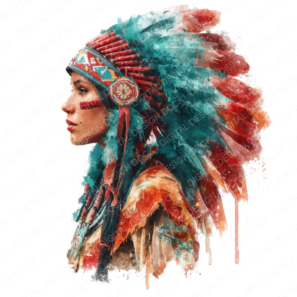 Native American Watercolour Portrait fussy cut sheet in US Letter format showing all 12 designs on one printable page