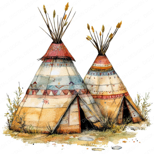 Native Indian Village Landscape fussy cut sheet in A4 format showing all 12 designs on one printable page