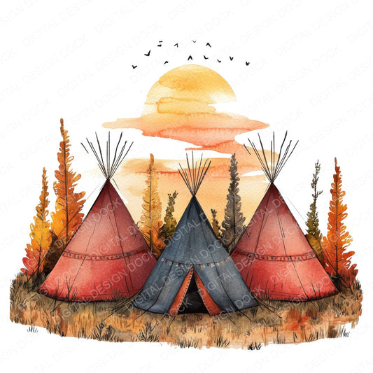 Native Indian Village Landscape fussy cut sheet in US Letter format showing all 12 designs on one printable page