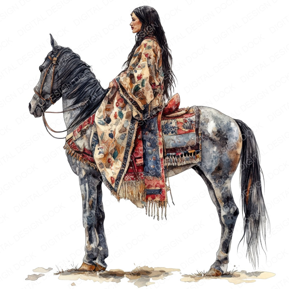 Native Indian Woman on Horse fussy cut sheet in A4 format showing all 12 designs on one printable page