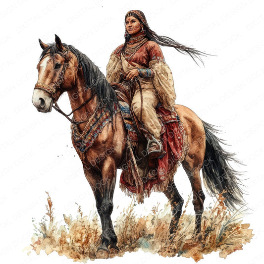 Native Indian Woman on Horse fussy cut sheet in US Letter format showing all 12 designs on one printable page