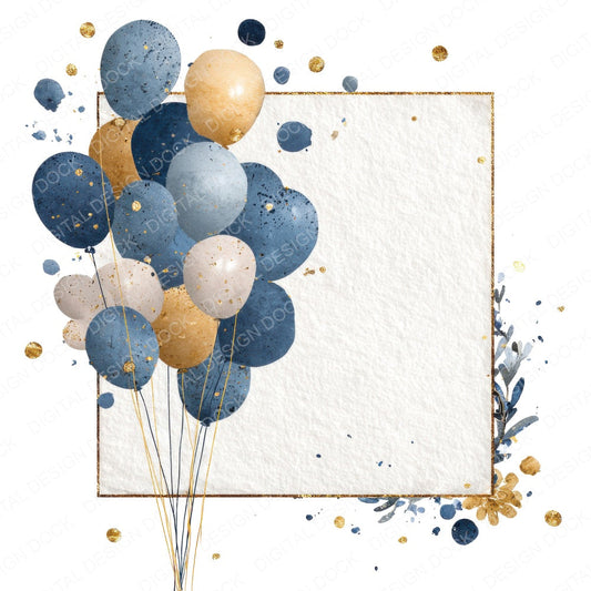 Navy Gold Balloon Frame fussy cut sheet in A4 format showing all 12 designs on one printable page