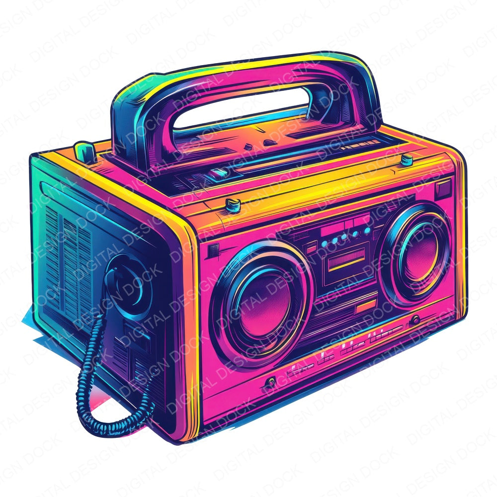 Neon Retro Boombox fussy cut sheet in A4 format showing all 12 designs on one printable page