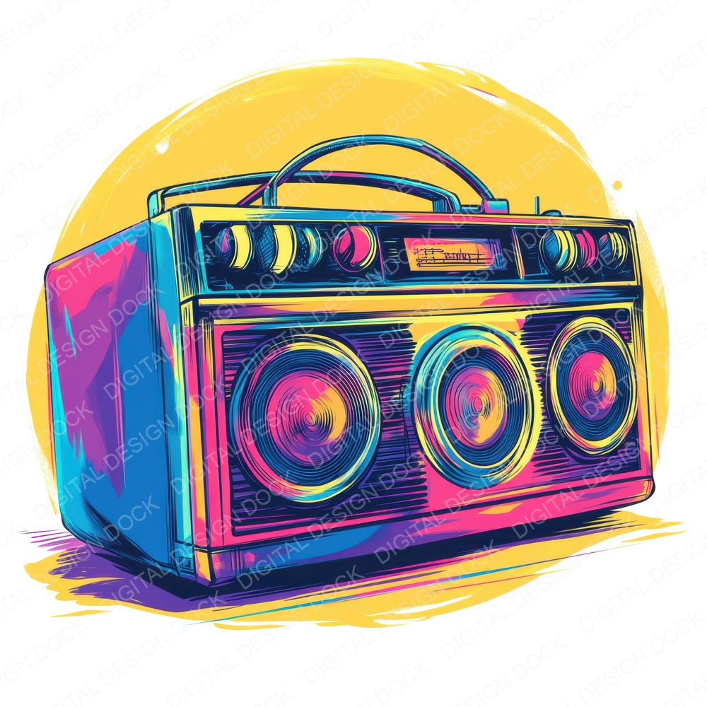 Neon Retro Boombox fussy cut sheet in US Letter format showing all 12 designs on one printable page