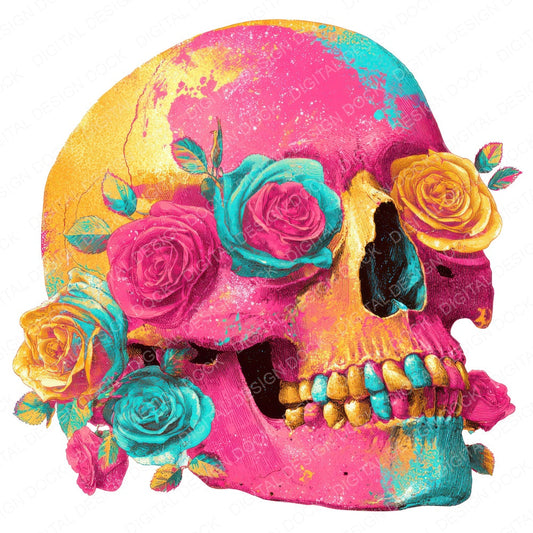 Neon Skull Roses fussy cut sheet in US Letter format showing all 12 designs on one printable page
