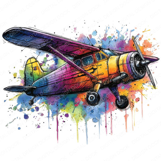 Neon Watercolour Airplane fussy cut sheet in A4 format showing all 12 designs on one printable page