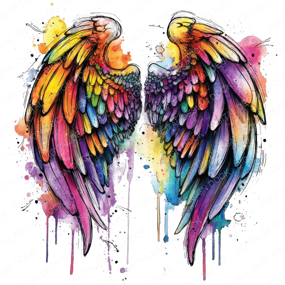 Neon Watercolour Angel Wings fussy cut sheet in A4 format showing all 12 designs on one printable page