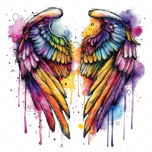 Neon Watercolour Angel Wings fussy cut sheet in US Letter format showing all 12 designs on one printable page