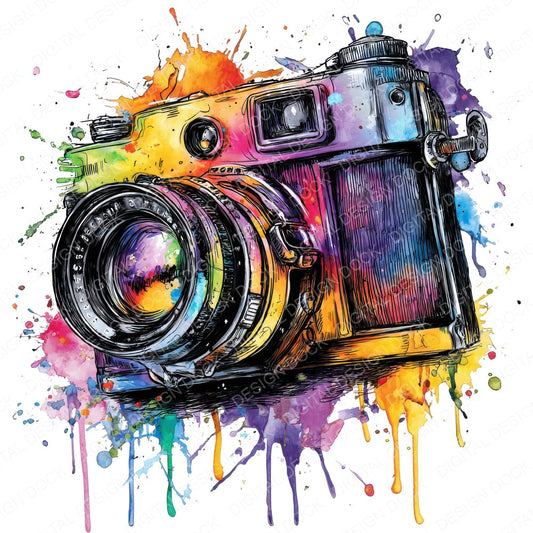 Neon Watercolour Camera fussy cut sheet in US Letter format showing all 12 designs on one printable page