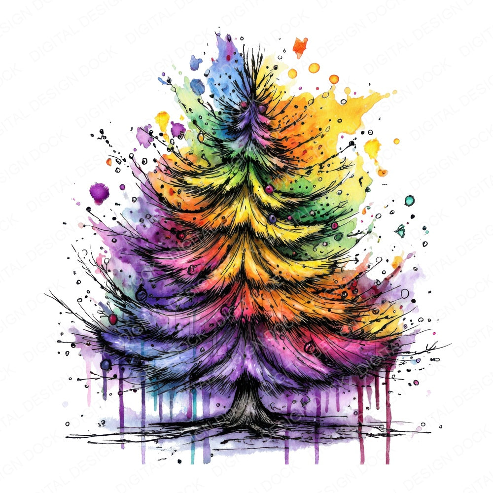 Neon Watercolour Christmas Tree fussy cut sheet in A4 format showing all 12 designs on one printable page