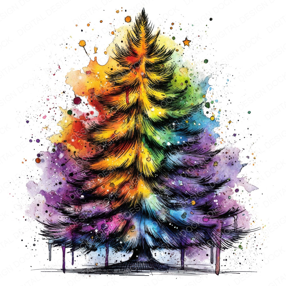 Neon Watercolour Christmas Tree fussy cut sheet in US Letter format showing all 12 designs on one printable page
