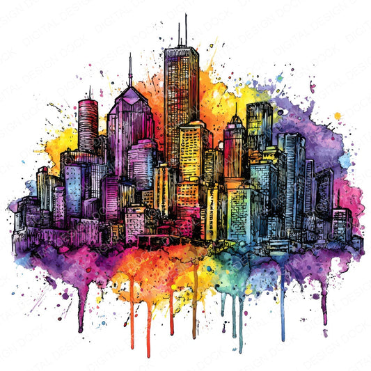Neon Watercolour City Skyline fussy cut sheet in US Letter format showing all 12 designs on one printable page