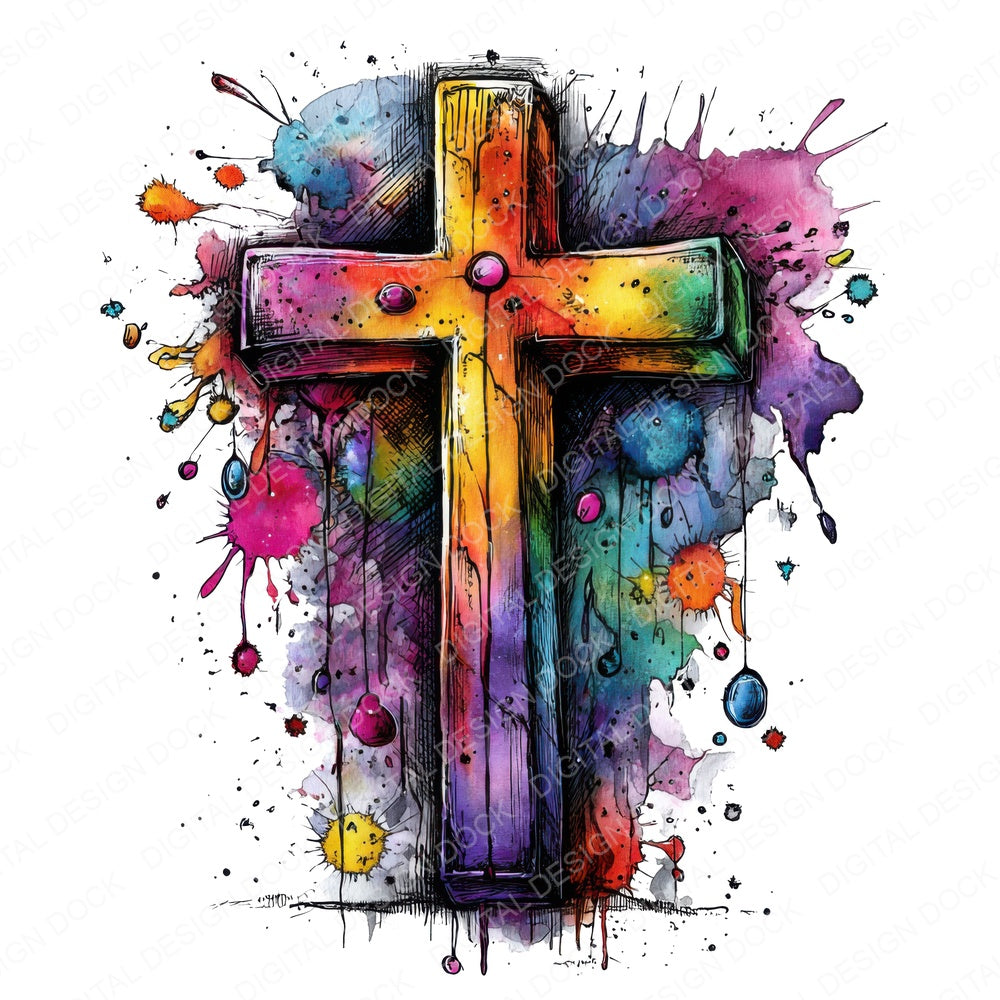 Neon Watercolour Cross fussy cut sheet in US Letter format showing all 12 designs on one printable page