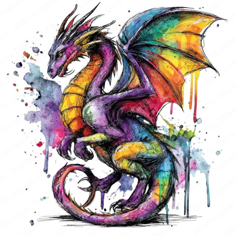 Neon Watercolour Dragon fussy cut sheet in A4 format showing all 12 designs on one printable page