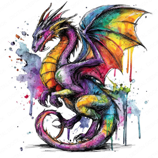 Neon Watercolour Dragon fussy cut sheet in A4 format showing all 12 designs on one printable page