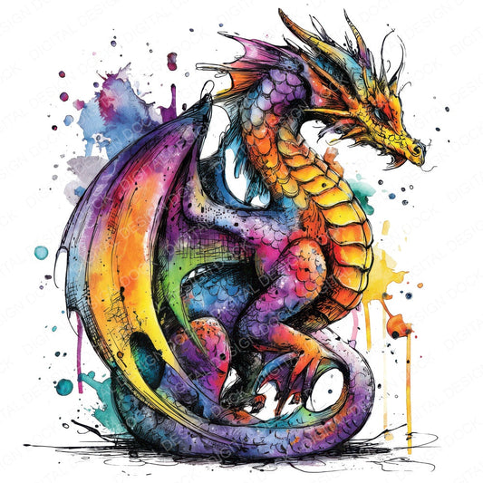 Neon Watercolour Dragon fussy cut sheet in US Letter format showing all 12 designs on one printable page