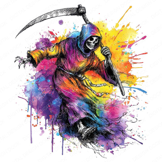 Neon Watercolour Grim Reaper fussy cut sheet in A4 format showing all 12 designs on one printable page