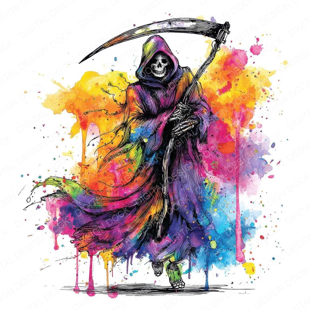 Neon Watercolour Grim Reaper fussy cut sheet in US Letter format showing all 12 designs on one printable page