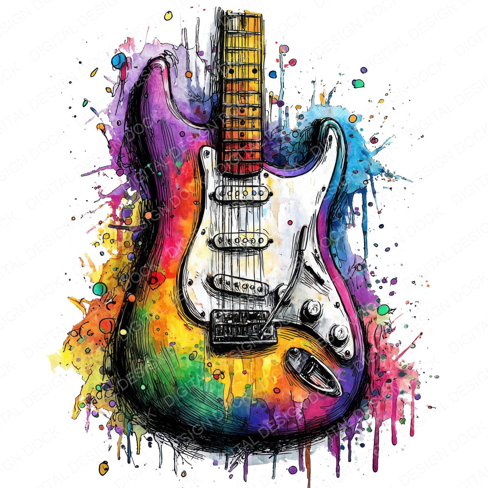 Neon Watercolour Guitar fussy cut sheet in A4 format showing all 12 designs on one printable page