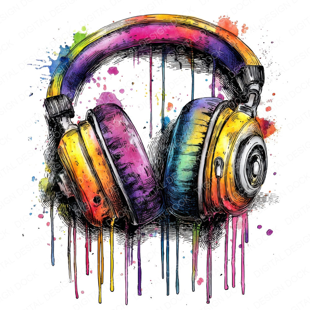 Neon Watercolour Headphones fussy cut sheet in A4 format showing all 12 designs on one printable page