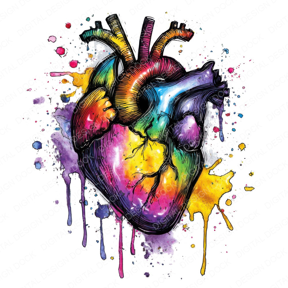 Neon Watercolour Heart fussy cut sheet in US Letter format showing all 12 designs on one printable page