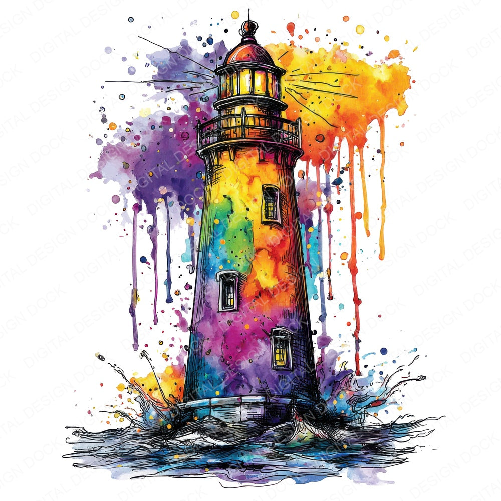 Neon Watercolour Lighthouse fussy cut sheet in A4 format showing all 12 designs on one printable page