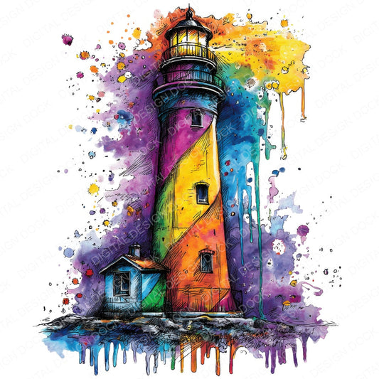 Neon Watercolour Lighthouse fussy cut sheet in US Letter format showing all 12 designs on one printable page