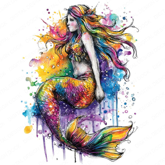 Neon Watercolour Mermaid fussy cut sheet in A4 format showing all 12 designs on one printable page