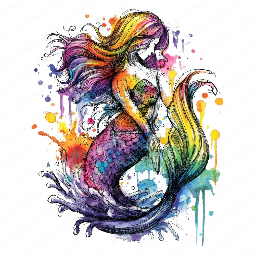 Neon Watercolour Mermaid fussy cut sheet in US Letter format showing all 12 designs on one printable page