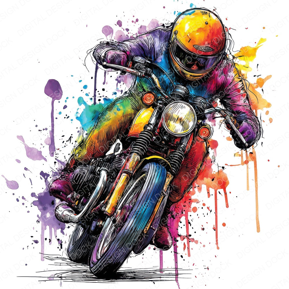 Neon Watercolour Motorbike fussy cut sheet in US Letter format showing all 12 designs on one printable page