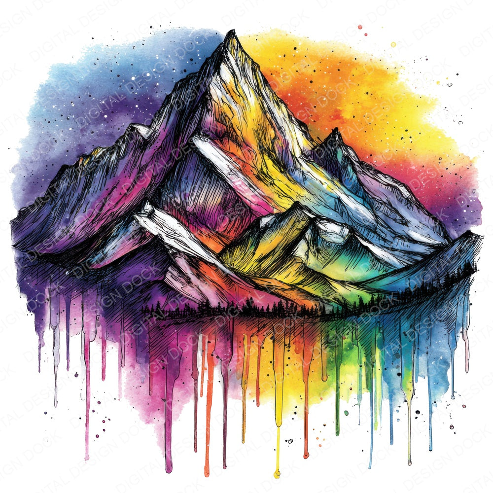Neon Watercolour Mountain fussy cut sheet in A4 format showing all 12 designs on one printable page